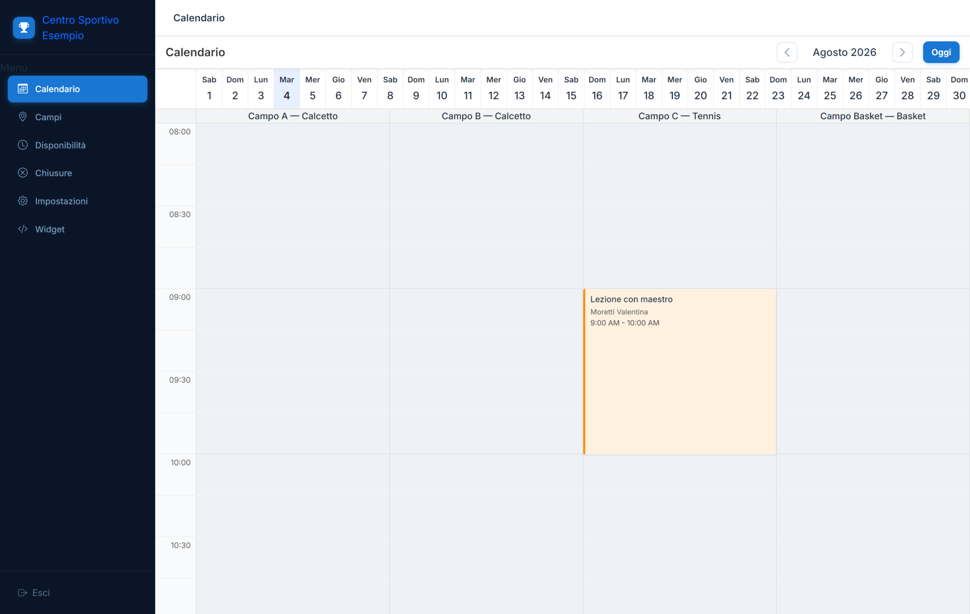 Calendario delle prenotazioni dei campi del centro sportivo