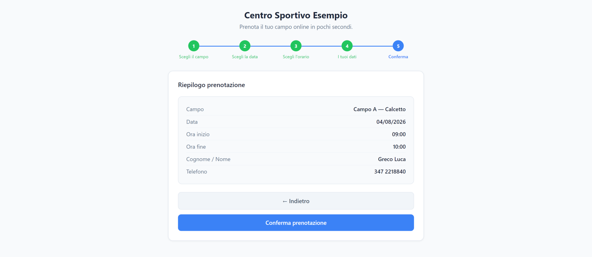 Riepilogo e conferma
